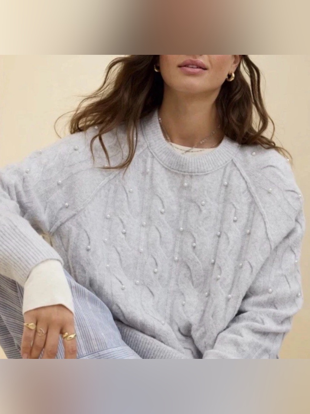 Nwot Aerie Unreal Crewneck Long Sleeve Cable Pearl Detail Sweater Gray Size M